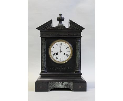 Edwardian slate and marble mantel clock, the broken arch pediment with central urn above a swag decorated frieze, the enamel 