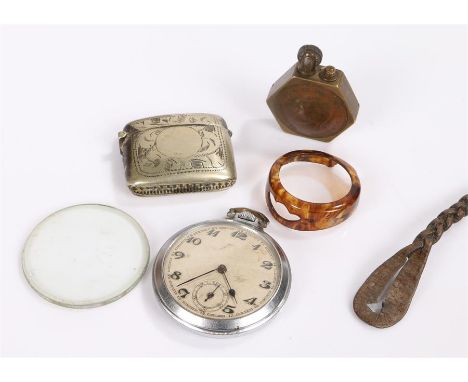 Pocket watch, together with a vesta, a Trench Art lighter with inset Pennies, a frame glass and leather strap, (6)