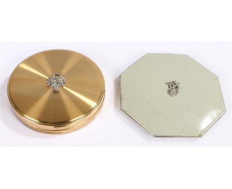 Margaret rose gilt circular powder compact with floral basket decorated cover, octagonal powder compact with stylised floral 