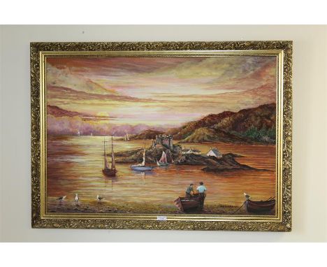 Large oil on canvas by the artist Jan Wasilewski entitled Castle on Island, 86.5 cm x 59 cm.(after the German invasion of Pol