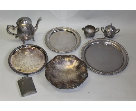 Three plated trays, plated dish with pierced border, plated coffee pot, milk jug and sugar bowl, pewter hip flask (qty)