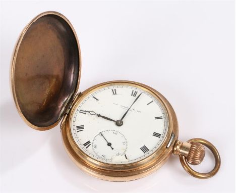 Thos. Russell & Son Liverpool gold plated Hunter pocket watch, with a white enamel signed dial