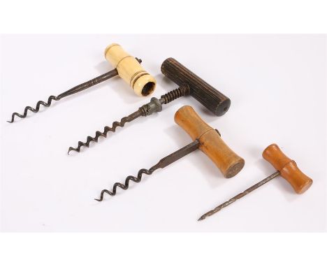 19th century bone handled corkscrew, three other corkscrews (4)