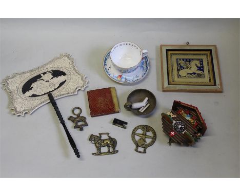 Works of art, to include a clock, a brass bowl with a fox reaching over, a panel, violin frog, face screen and a Royal Worces