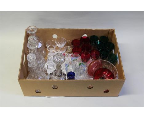 Glassware to include sx wine glasses with ruby glass bowls, six wine glasses with blue glass bowls, four decanters etc. (qty)