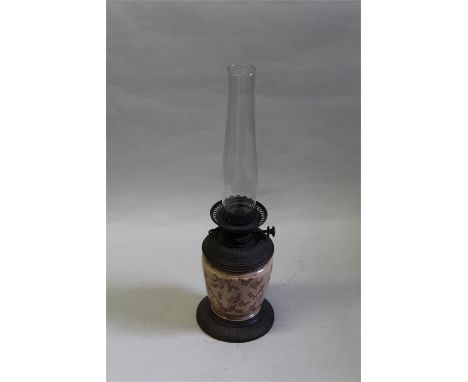 Hinks No. 2 oil lamp, with gadrooned reservoir, gadrooned porcelain central section with floral decoration, on a gadrooned fo