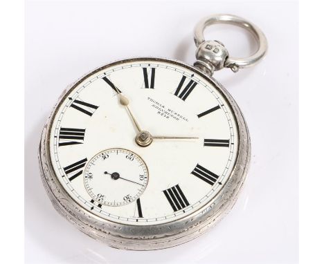 Victorian silver open faced pocket watch, the enamel dial with makers name Thomas Russell Edinburgh, roman numerals and subsi