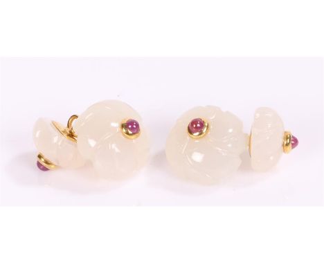 Pair of chalcedony and ruby cufflinks, carved foliate form