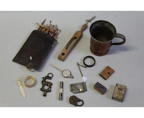 Works of art, to include a tankard, Dr Forbes Specifications thermometer, sewing bobbins, a padlock, glass ink bottle, bone b