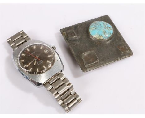 Sekonda Automatic gentleman's stainless steel wristwatch, together with a pewter and enamel brooch, (2)