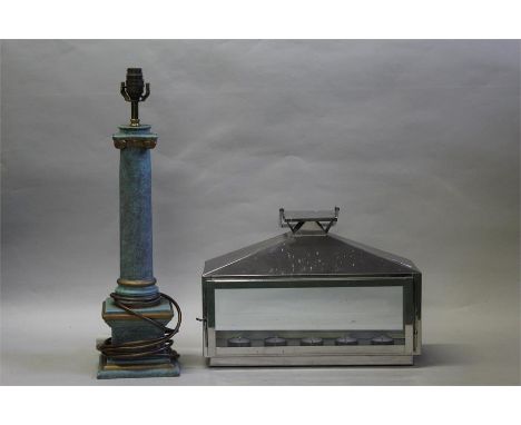 Chrome and glass lantern with five tea light holders to the interior, blue and gilt painted ionic column reading lamp (2)