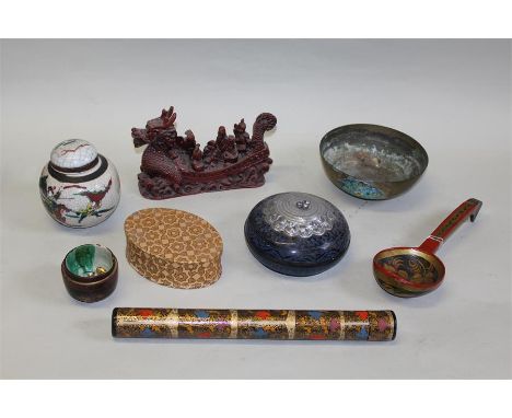 Oriental objects, to include lacquered items, a bowl with enamel mounts, a Thailand pot and cover, a dragon boat