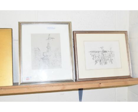 FRAMED PENCIL SKETCH BY WENDY WOOD, 1892-1981, DEPICTING PICADILLY CIRCUS, SIGNED LOWER RIGHT WITH INSCRIPTION VERSO TOGETHER
