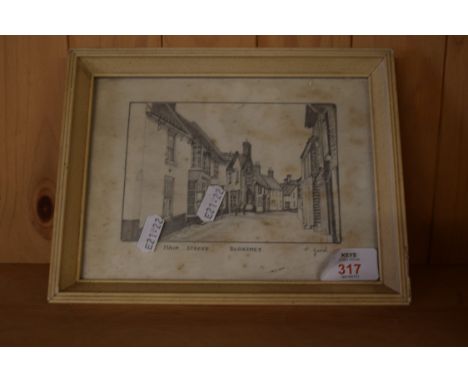 FRAMED SKETCH "MAIN STREET, BLAKENEY", SIGNED P GOOCH, APPROX 14 X 20CM