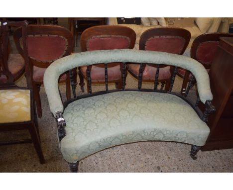 VICTORIAN UPHOLSTERED TWO-SEATER SOFA WITH TURNED SUPPORTS TO GALLERIED BACK REST, WIDTH APPROX 125CM