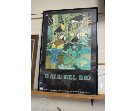 FRAMED RAUL DEL RIO POSTER, FRAME WIDTH APPROX 63CM TOGETHER WITH A SMALL FRANK JARVIS SKETCH "LONG TAILED TIT STUDIES", SIZE
