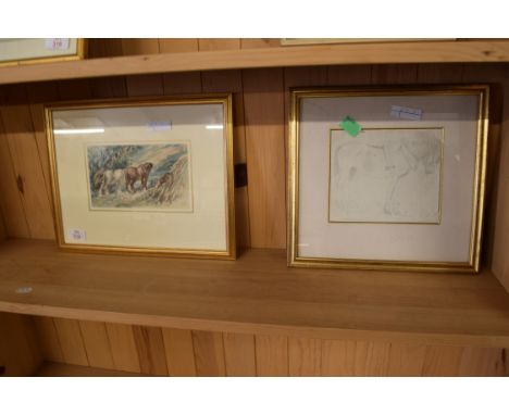 WATERCOLOUR SKETCH OF HEAVY HORSES, APPROX 12 X 19CM, TOGETHER WITH A PENCIL SKETCH OF A HORSE