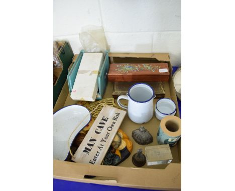 BOX CONTAINING TREEN MOULDED BAROMETER ETC