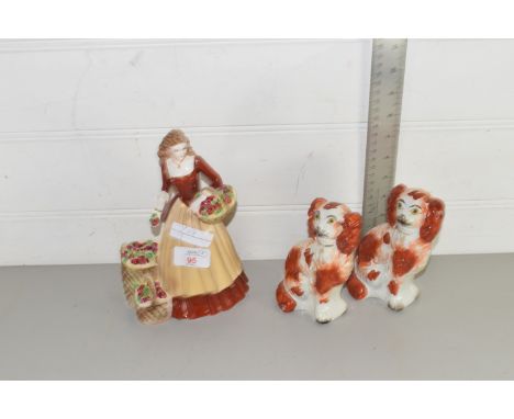 ROYAL WORCESTER STREET SELLERS FIGURE TOGETHER WITH A PAIR OF HAND FINISHED SMALL STAFFORDSHIRE DOGS