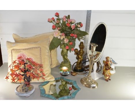 BOX CONTAINING VARIOUS HOUSEHOLD SUNDRIES INCLUDING HEAVY BRASS FIGURE OF A CHERUB HOLDING A LAMP, CANDLESTICK, ETC