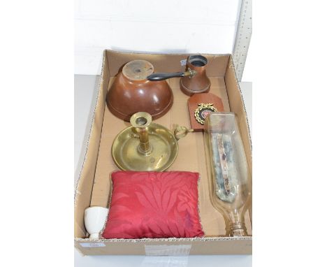 BOX CONTAINING COLLECTABLES INCLUDING MODEL SHIP IN BOTTLE, BRASS CANDLESTICK ETC