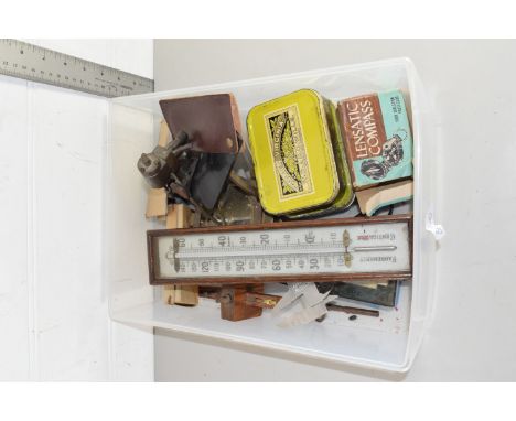 BOX CONTAINING MIXED MEASURING INSTRUMENTS INCLUDING A SMALL SEXTANT, CAST MODEL STEAM ENGINE, MILITARY INTEREST VINTAGE ZIPP