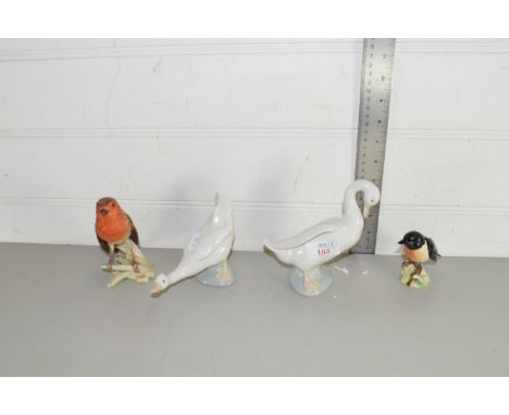 FOUR SMALL BIRD FIGURES BY NAO AND BESWICK AND GOEBEL