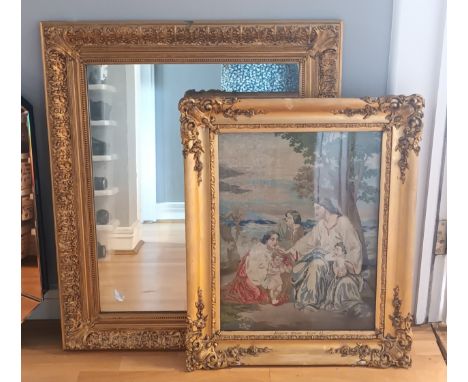 A late 19th century tapestry, gilt framed and glazed, 70x68, together with a Victorian gilt framed wall mirror, 88x74cm (2)