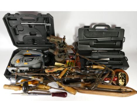 A collection of early 20th century and later carpenters hand tools, to include multi planes, chizels, drills, rebate planes, 