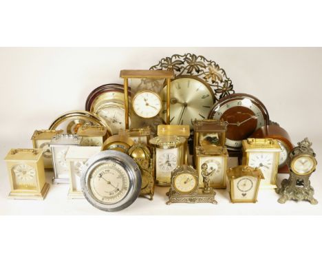 A collection of mid 20th century and later mantel clocks, anniversary clocks, wall clocks, and barometers, having manual and 