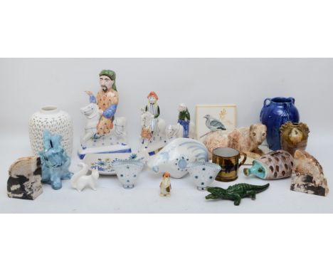 A collection of ceramic and pottery pieces, to include Rye Canterbury figures, a Jane Hamlyn studio pottery vase, a Quimper v