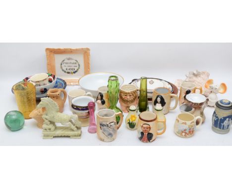 A collection of early 20th century and later ceramics and glassware, to include novelty risque porcelain mugs, Goebel bird mo