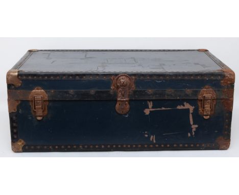 A metal bound traveling trunk, together with a large collection of un-framed pictures, to include watercolours, mixed media a