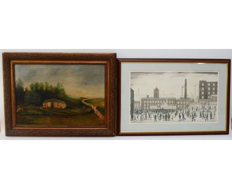 19th century naive English school, house on a hillside, oil on canvas, 34 x 48 and a  framed Lowry Print, Outside The Mill, b