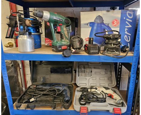 A Lervia steamer, an Apollo spray ket, three drills and two other electrical tools All electrical items are sold untested and