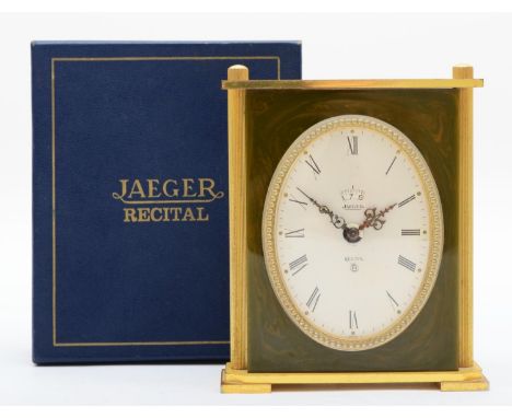 Jaeger, a Recital 8 day alarm and calendar Vert Fonce desk clock, ref no. 129, the oval dial set with Roman numerals and cale