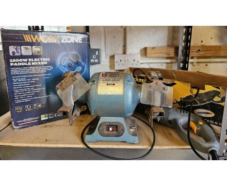 A Clarke 6" bench grinder, a Workzone paddle mixer, unused, and a Tooltec reciprocating saw All electrical items are sold unt