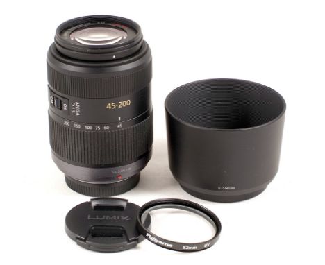 Panasonic Lumix 45-200mm f4-5,6 OIS (Image Stabilised) zoom lens (condition 4E) with caps, correct lens hood & UV filter. Com