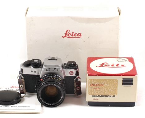Chrome Leica R6 camera body #1787037 (condition 5F) with makers box (outer section only) plus Leitz Canada Summicron-R 50mm f