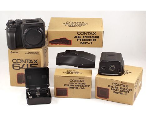 Contax 645 Professional Outfit (80mm lens absent). Comprising 645 camera body, AE Prism Finder MF-1, Film Back Holder MFB-1 a