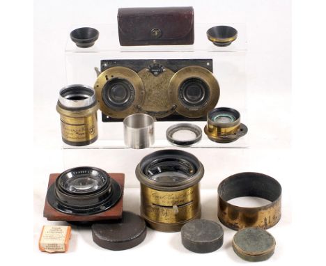 Collection of Brass and Other Lenses. To include Carl Zeiss Jena Tessar 18cm f4.5 #354460 (condition 5F); Carl Zeiss Jena Ana