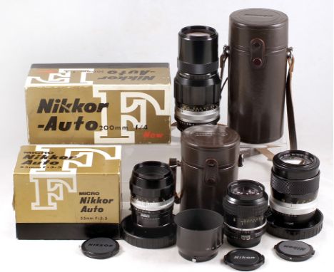 Collection of 4 Nikon Manual Focus Lenses. Nikkor-Q C 200mm Ai lens (condition 4E) in mis-matched makers box, with case; Nikk