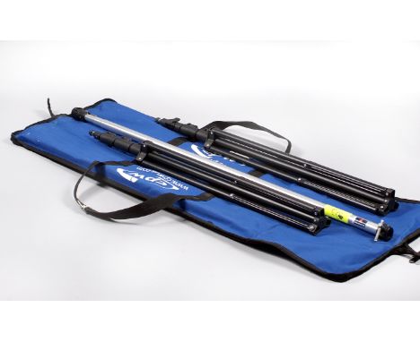 Background Support System Set #2. Comprising a pair of large, adjustable CPW lighting stands and a Manfrotto cross-pole. (con
