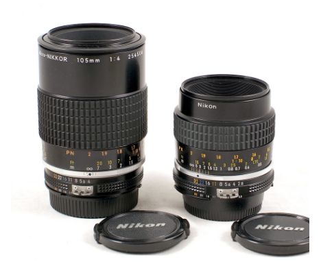 2 Nikkor Ais Manual Focus Micro Lenses. Micro-Nikkor 55mm f2.8 Ais lens #244554 (condition 4E); Micro-Nikkor 105mm f4 Ais len