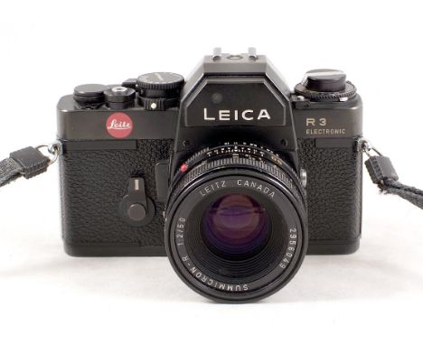 Black Leica (Portugal) R3 Electronic camera body #147746 (condition 5E) with Leitz Canada 50mm f2 Summicron-R #295049 (condit