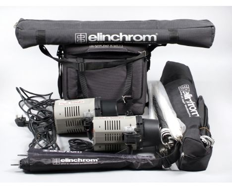 Elinchrom Style 400EX Studio Flash Lighting Kit. Comprising 2 complete flash heads (tested OK) with covers in soft carry bag,