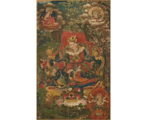   Der Tsenpo Trisong Detsen TIBET, 18.Jh. 75 x 44 cm Im Zentrum der Malerei erscheint der Tsenpo Trisong Detsen (755-797). Di