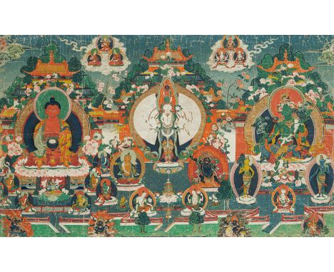   Großes Thangka mit zentraler Darstellung von EKADASHALOKESHVARA, unter Glas gerahmt TIBET, 19.Jh. 73 x 117 cm R. Provenienz