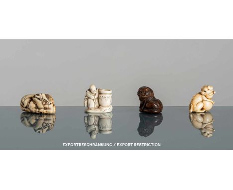   Vier Netsuke aus Elfenbein bzw. Holz: Shojo, Hündchen, Shishi und Tiger JAPAN, eins signiert Ryûsen, 18.Jh. - Meiji-Periode