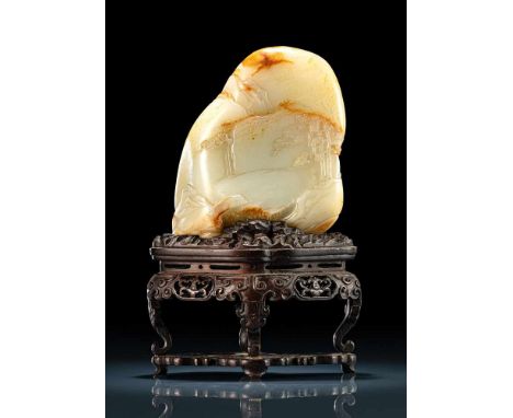  Fein geschnitzter Felsen aus Jade auf einem Stand aus Hartholz CHINA, 18.Jh. H. 11,6(19,7)cm Provenienz: Aus der Sammlung vo